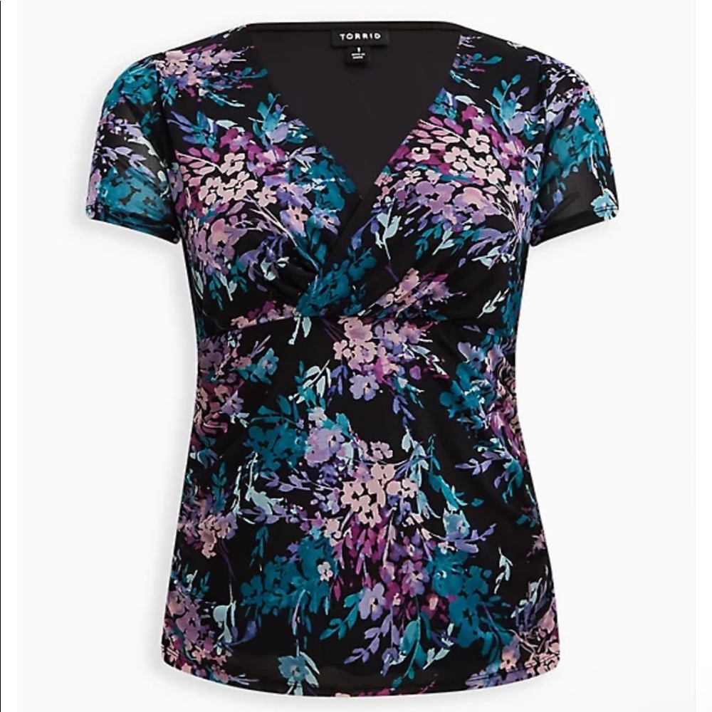 STRETCH MESH SURPLICE NECKLINE SHIRRED TOP